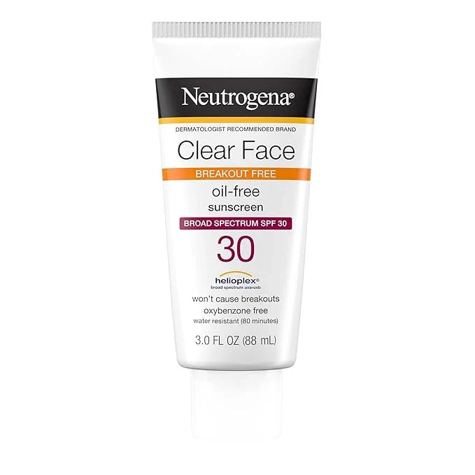 Neutrogena Clear Face Sunscreen Lotion for Acne-Prone Skin, Broad Spectrum SPF 30 Facial Sunscreen for Oily Skin, Fragrance- & Oxybenzone-Free Water Resistant, 3 fl. oz