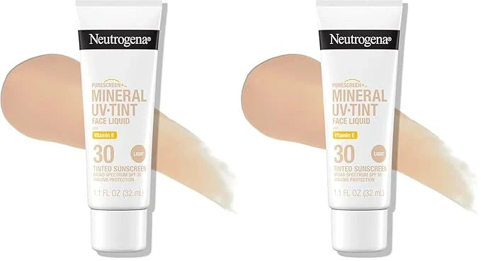 Neutrogena Purescreen+ Mineral UV Tint Face Liquid Tinted Sunscreen - with 100% Mineral Actives & Vitamin E,Enhances Natural Tone,Water Resistant,Broad Spectrum SPF 30,1.1 fl oz,(Pack of 2)