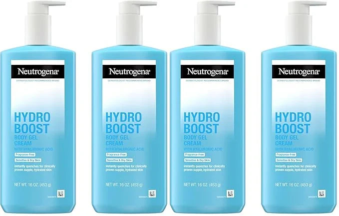 Neutrogena Hydro Boost Body Gel Cream,Hydrating Body Lotion with Hyaluronic Acid for Sensitive Skin,Fragrance-Free Hyaluronic Acid Moisturizer,16 oz,(Pack of 4)