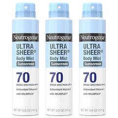 Neutrogena Ultra Sheer Body Mist Sunscreen Spray, Broad Spectrum SPF 70, Lightweight Spray Sunscreen, Non-Greasy & Water Resistant, Oil-Free & Non-Comedogenic UVA/UVB, 5 oz, Pack of 3