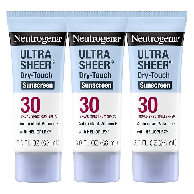 Neutrogena Ultra Sheer Dry-Touch Sunscreen for Face & Body, Helioplex SPF 30 Broad Spectrum UVA/UVB, Lightweight, Water Resistant & Non-Greasy, Hawaii Act 104 compliant, Travel Size 3 fl oz, Pack of 3